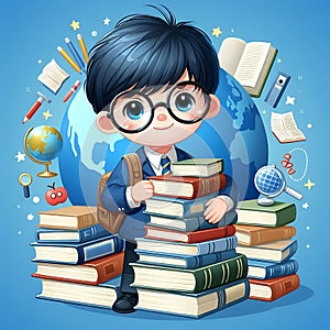 Boy with glasses holding a stack of books world book day,Image is generated with the use of an AI