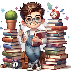 Boy with glasses holding a stack of books world book day,Image is generated with the use of an AI