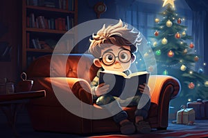 A boy in glasses is reading a book in front of a christmas tree, AI