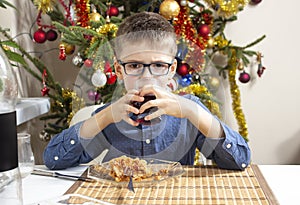 The boy in glasses sits at the table and pokes food on his fork on the plate. A beautifully decorated Christmas tree in the backgr