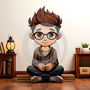 Boy with glasses sitting on the floor in front of wall. Generative AI