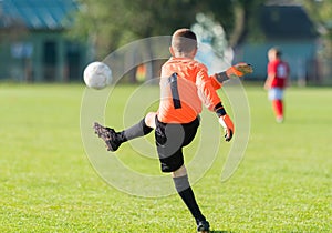 Boy goalkeeper defends the goal