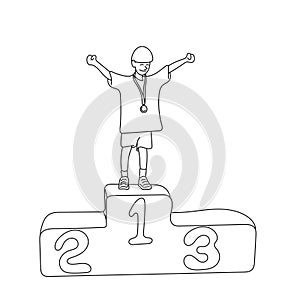 boy with gold medal standing on podium illustration vector hand drawn isolated on white background