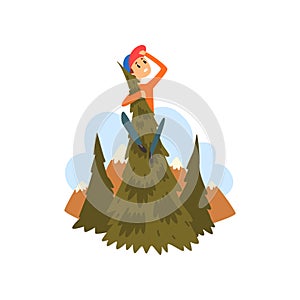 Boy got lost in the forest, child sitting on a pine and looking into the distance vector Illustration