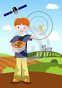 Boy with GPS and geocache photo