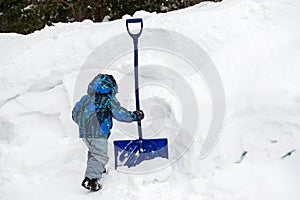 Boy Grabbing a Snow Shovel in a Deep Snowbank