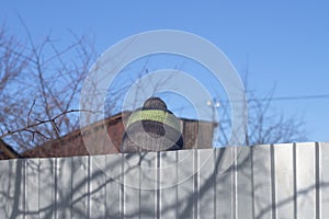 A boy in a green hat looks out and hides behind a gray metal fence in winter