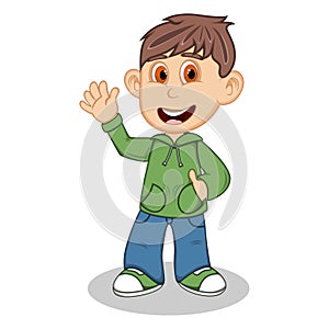Boy with green jacket and blue trousers waving his hand cartoon