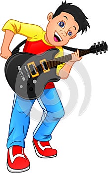 Boy guitar player on a white background