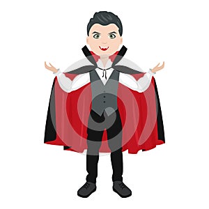 Boy in Halloween Dracula costume Isolated on white background. Vector illustration of kid in vampire  suit