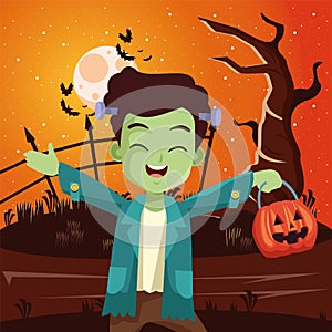 Boy with halloween frankenstein costume in front tree at night vector design