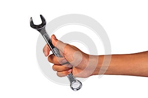 Boy hand holding a wrench isolated on a white.