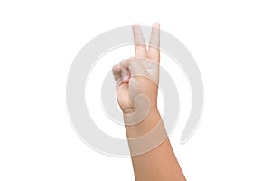 Boy hand showing two fingers as victory sign on white background