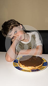 Boy and handmade cake, pie person