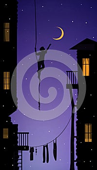 Boy hanging on the rope and touching the moon, catch the dream in the city,