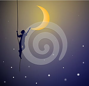 Boy hanging on the rope and touching the moon, on the heavens, dream,