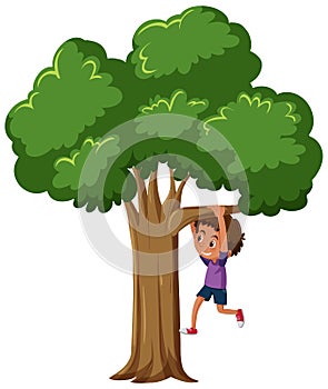 A boy hanging on a tree in cartoon style