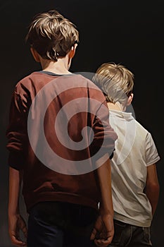 A boy harassing a younger boy with a black background representing bullying, back view, vertical