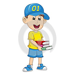 The boy in the hat carries a lot of books cartoon vector illustration