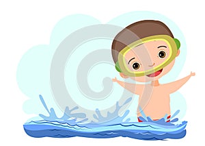 Boy is having fun. Waves of water river, sea or ocean. Swimming, diving and water sports. Pool. Isolated on white