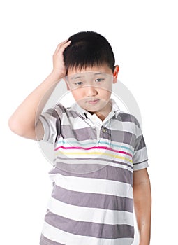 Boy having a headache holding his head with his hand, isolated on the white background