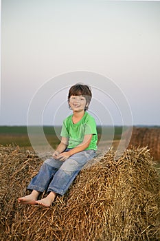 Boy in a haystack in the field