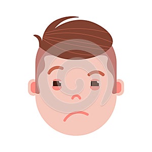 Boy head emoji with facial emotions, avatar character, man grieved face with different emotions concept. flat design.