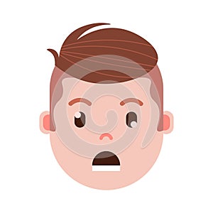 Boy head emoji with facial emotions, avatar character, man grieved face with different male emotions concept. flat photo