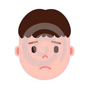 Boy head emoji with facial emotions, avatar character, man grieved face with different male emotions concept. flat photo