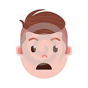 Boy head emoji with facial emotions, avatar character, man grieved face with different male emotions concept. flat