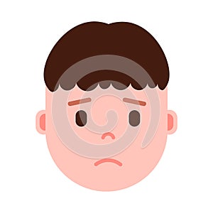 Boy head emoji with facial emotions, avatar character, man grieved face with different male emotions concept. flat