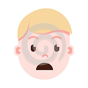 Boy head emoji with facial emotions, avatar character, man grieved face with different male emotions concept. flat