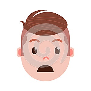 Boy head emoji with facial emotions, avatar character, man grieved face with different male emotions concept. flat photo