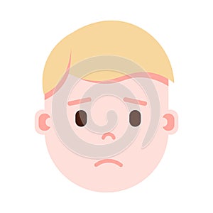 Boy head emoji with facial emotions, avatar character, man grieved face with different male emotions concept. flat photo