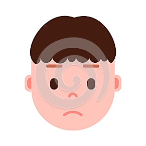 Boy head emoji with facial emotions, avatar character, man sorrowful face with different male emotions concept. flat