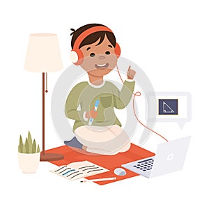 Boy in Headphones Studying Online Using Computer, Distance Lesson, Homeschooling Concept Cartoon Style Vector