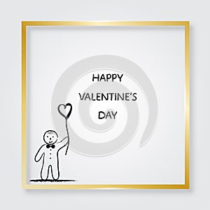 Boy with heart shaped balloon.Golden frame. Valentine`s Day card.Vector illustration