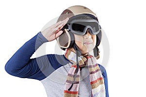 Boy with helmet giving respectful hand gesture