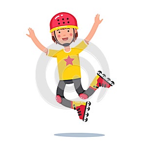 Boy in helmet jumping and rolling on roller blades