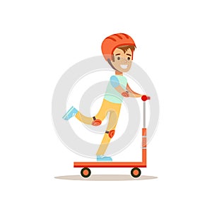 Boy In Helmet Riding Scooter, Traditional Male Kid Role Expected Classic Behavior Illustration photo