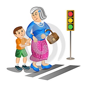 Boy helping old lady cross the street. Vector