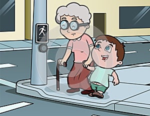 Chico ayúdamos viejo una mujer a través de calles 