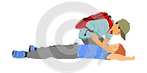 Boy helps friend in unconscious drowning. Car accident victim. Paramedic rescue patient first aid  illustration.