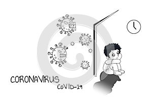 The boy hide behind the door with fear and loneliness. During Coronavirus CoVID--19 situation