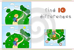 A boy with a hiking backpack goes to the forest. Educational game for kids: find ten differences