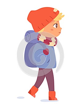 Boy hiking with backpack, winter walk of child in park or woods, scout in warm outfit