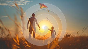 A boy and his dad launch a multi-colored kite into the sky on a field on a sunny summer day