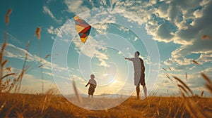 A boy and his dad launch a multi-colored kite into the sky on a field on a sunny summer day