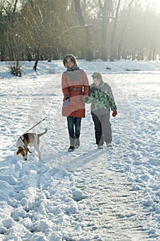 Boy His Mother And Dog