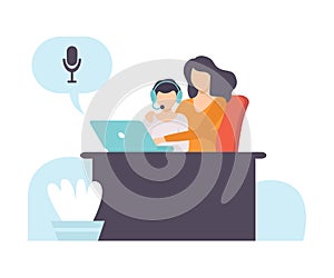 Boy and His Mother Talking Online Using Web Camera and Headphones, Distant Education Courses, Social Networking, People